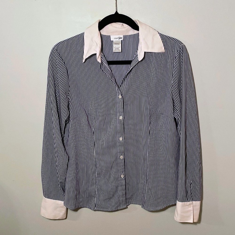 Vintage - Navy & White Pinstriped Button-Up Blouse - Size M